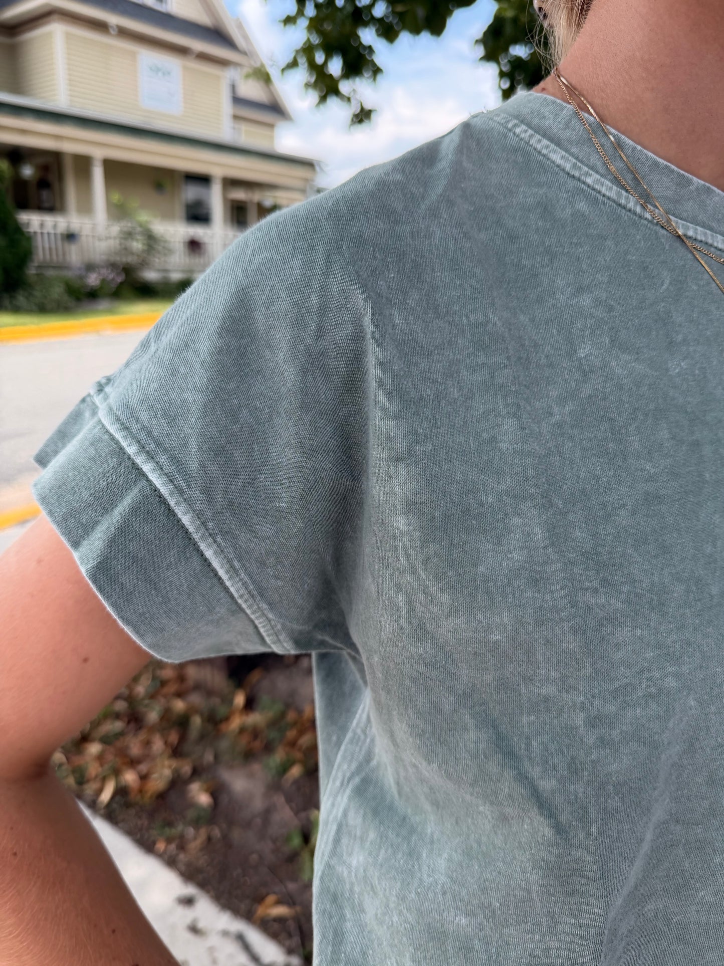 The Kelsi Mineral Wash Raw Edge Short Sleeve Knit Top