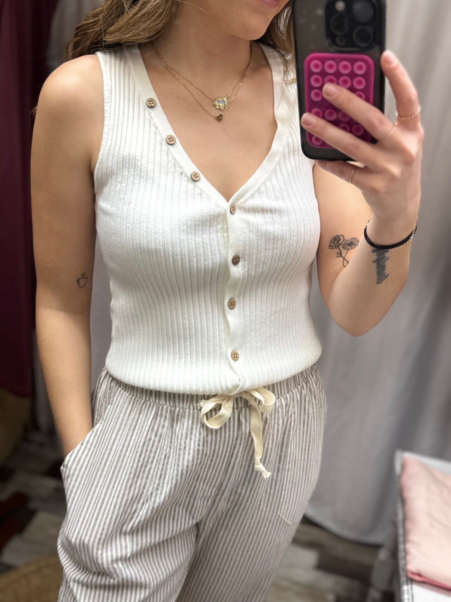 V-Neck Ribbed Tank w/Button Detail