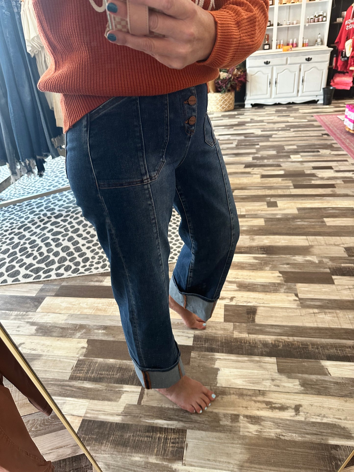 Risen High Rise Wide Leg Button Fly Cuffed Crop Denim