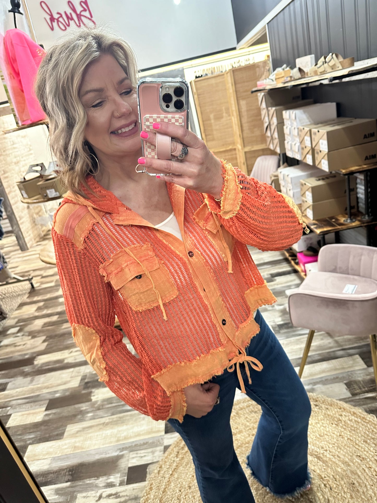 Hit The Road Open Knit Button Down Pocket Hoodie