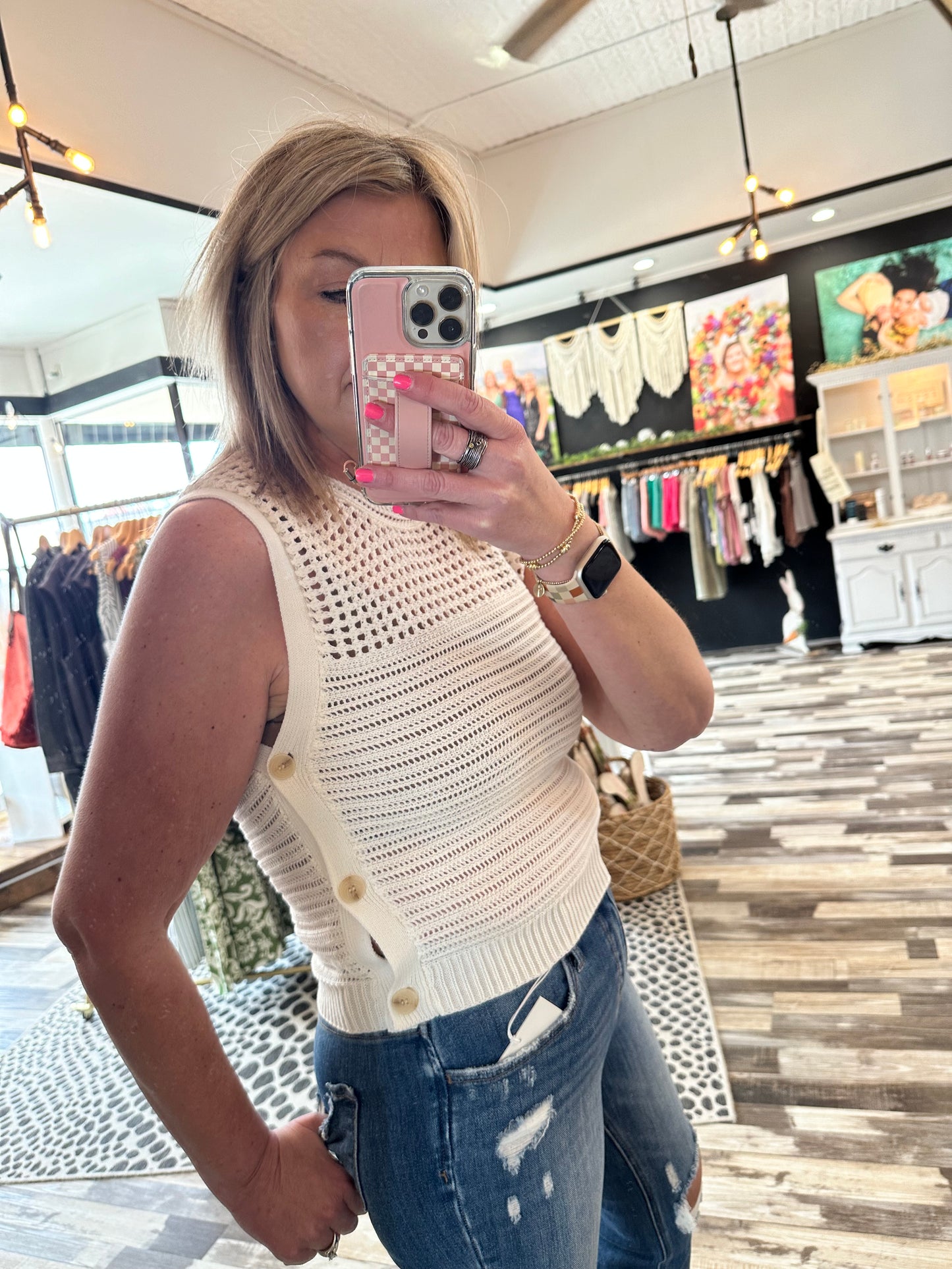 Side Button Sleeveless Sweater Top