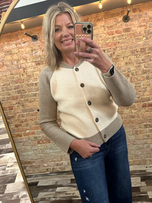 Color Block Sweater Knit Varsity Cardigan