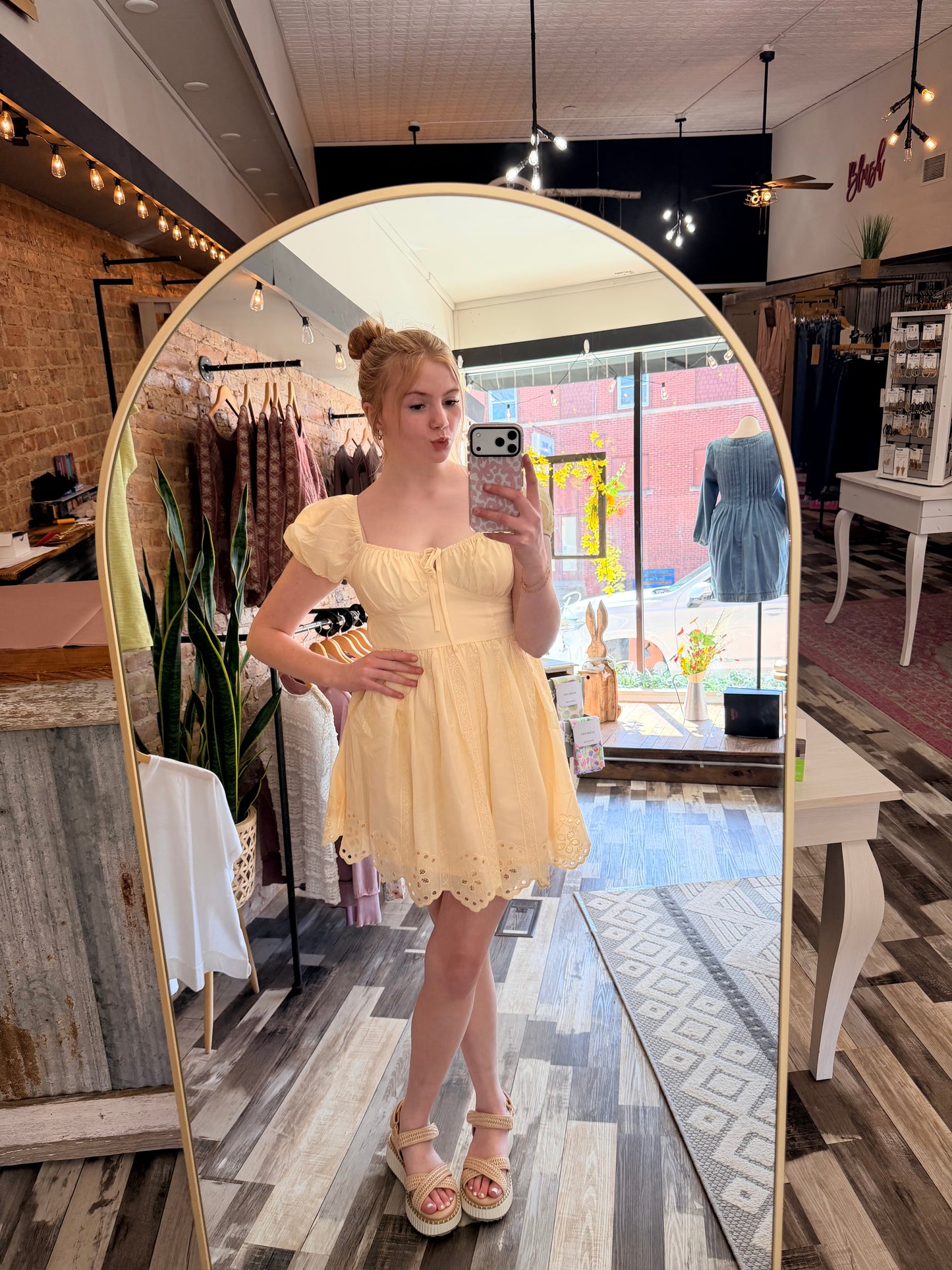 Embroidered Puff Sleeve Scallop Hem Mini Dress