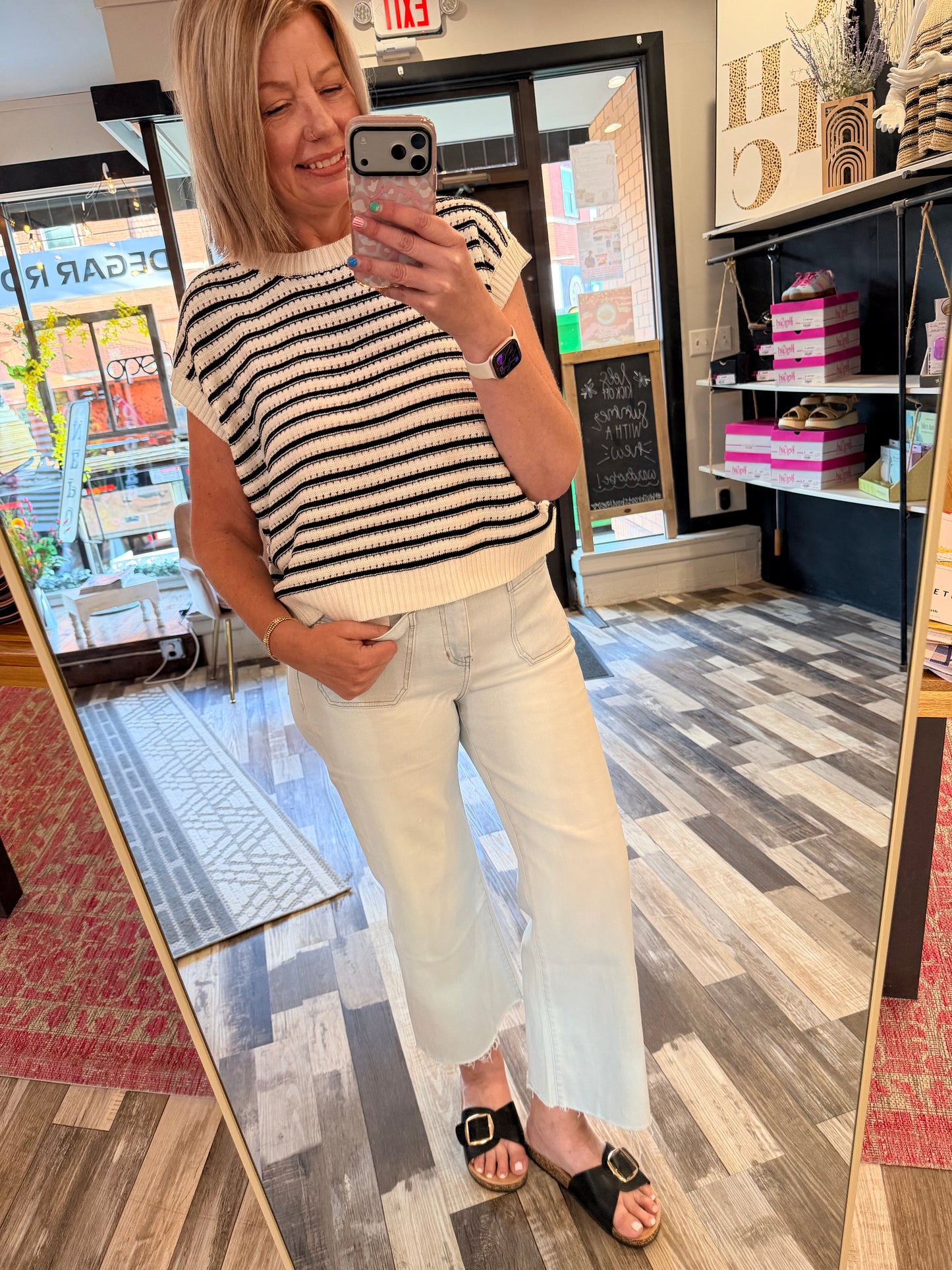 Casual Friday Striped V-neck Short Dolman Sleeve Oversized Top