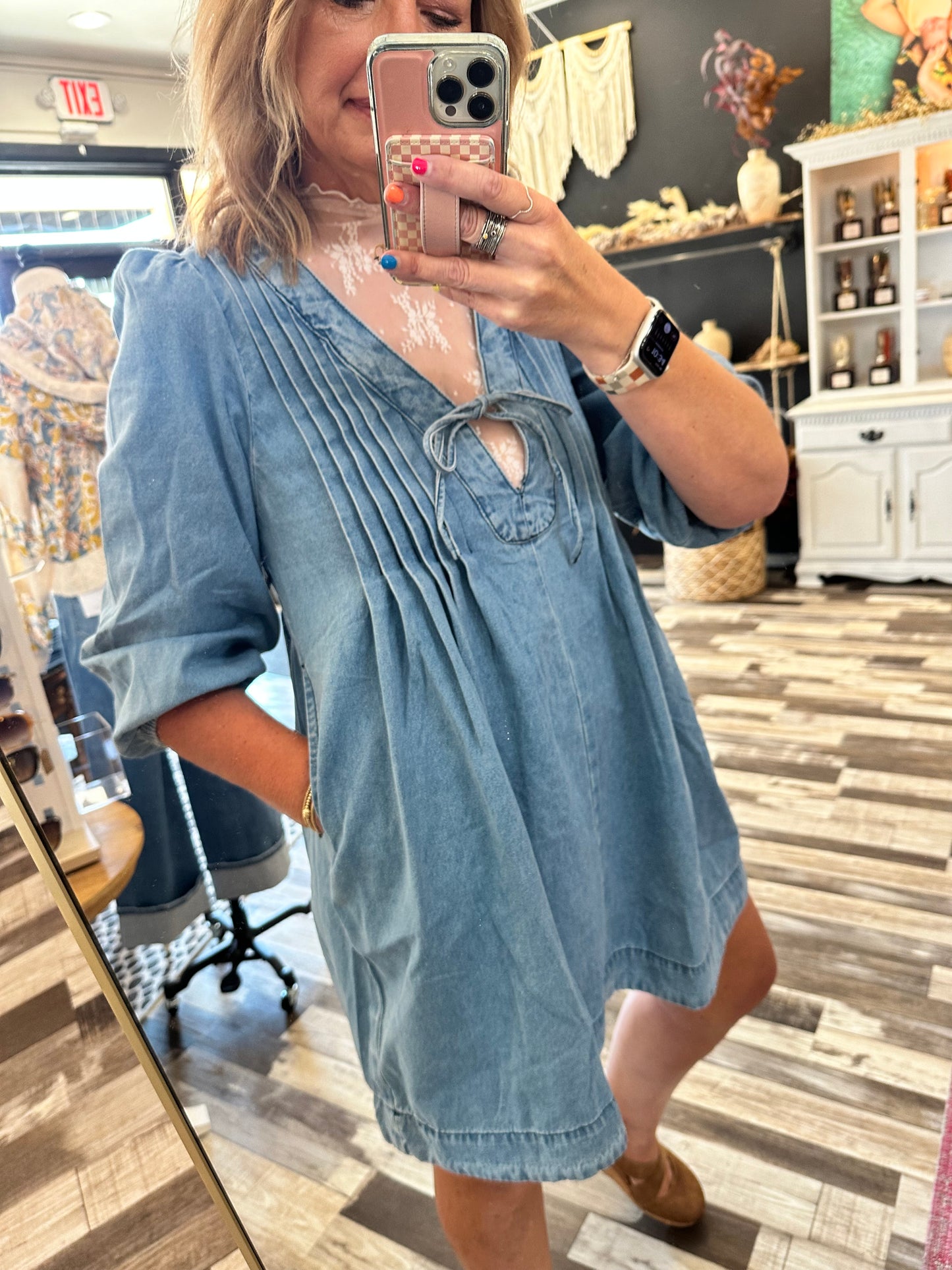 The Nadia V-neck 3/4 Sleeve Pleated Denim Dress