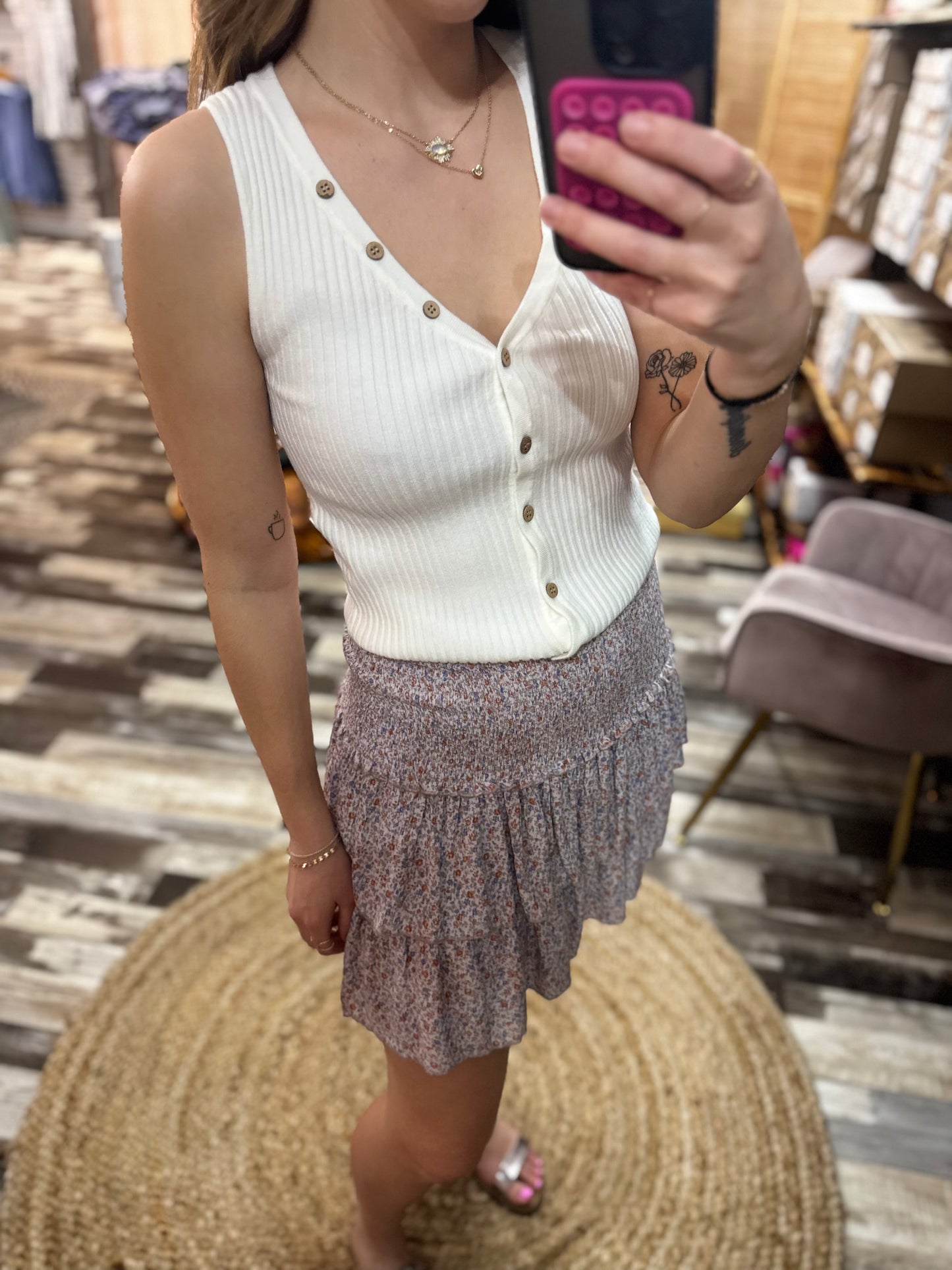 V-Neck Ribbed Tank w/Button Detail
