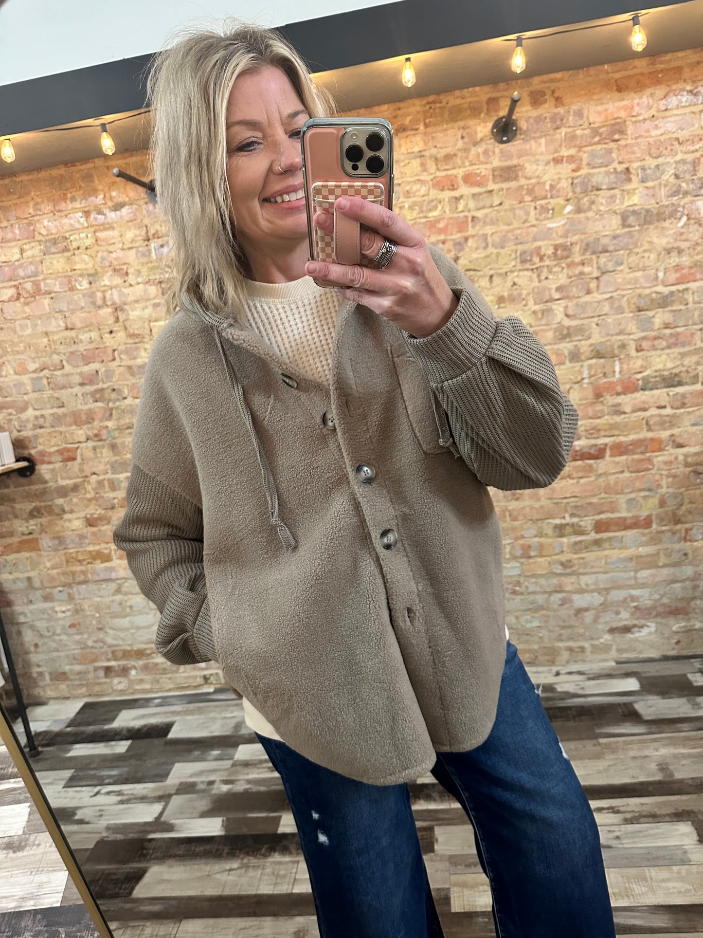 The Tara Rib Knit Contrast Sherpha Hooded Shacket