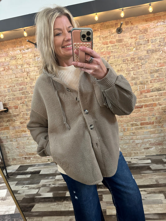 The Tara Rib Knit Contrast Sherpha Hooded Shacket