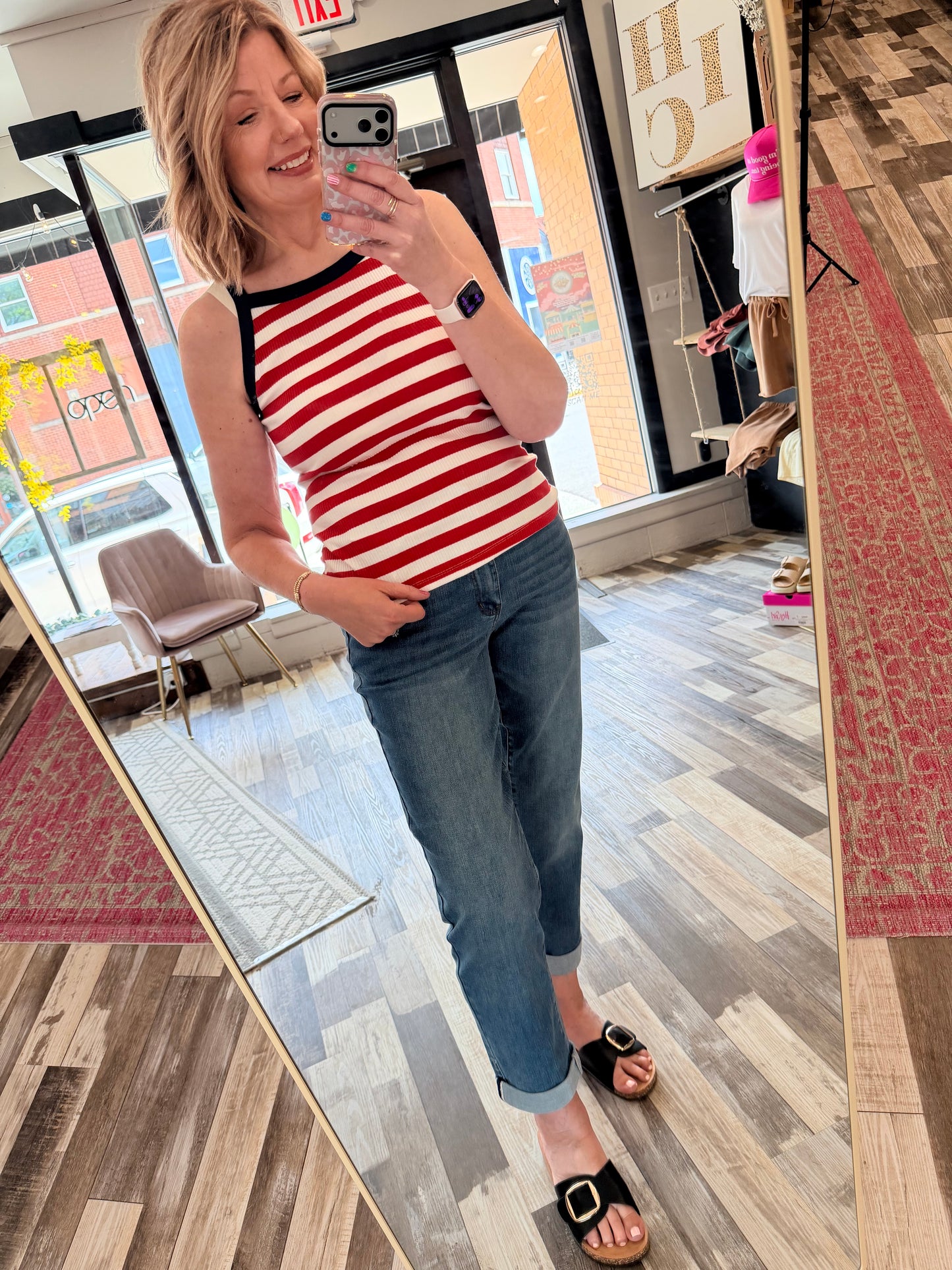 Judy Blue Mid Rise Boyfriend Fit Cool Denim w/ Cross Back Loops