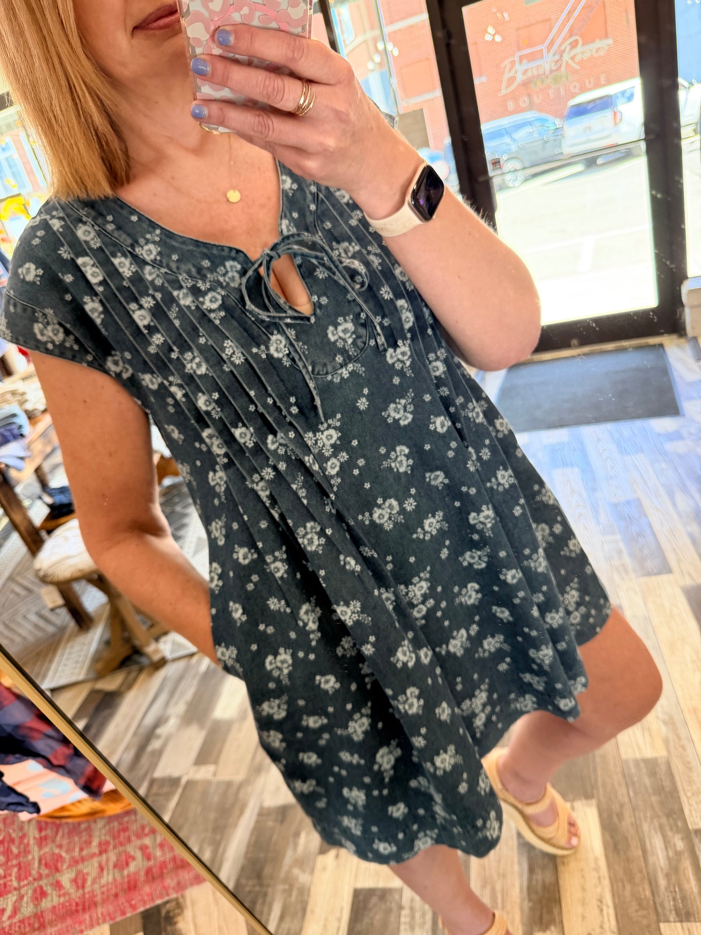 Floral Me Crazy Tie Denim Dress