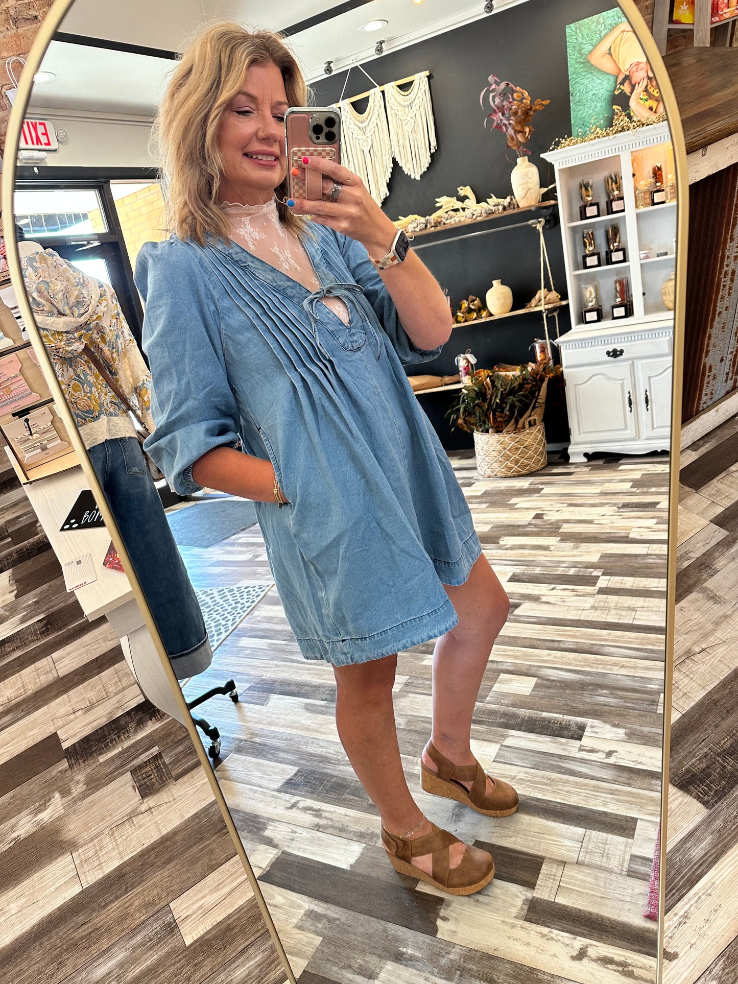The Nadia V-neck 3/4 Sleeve Pleated Denim Dress