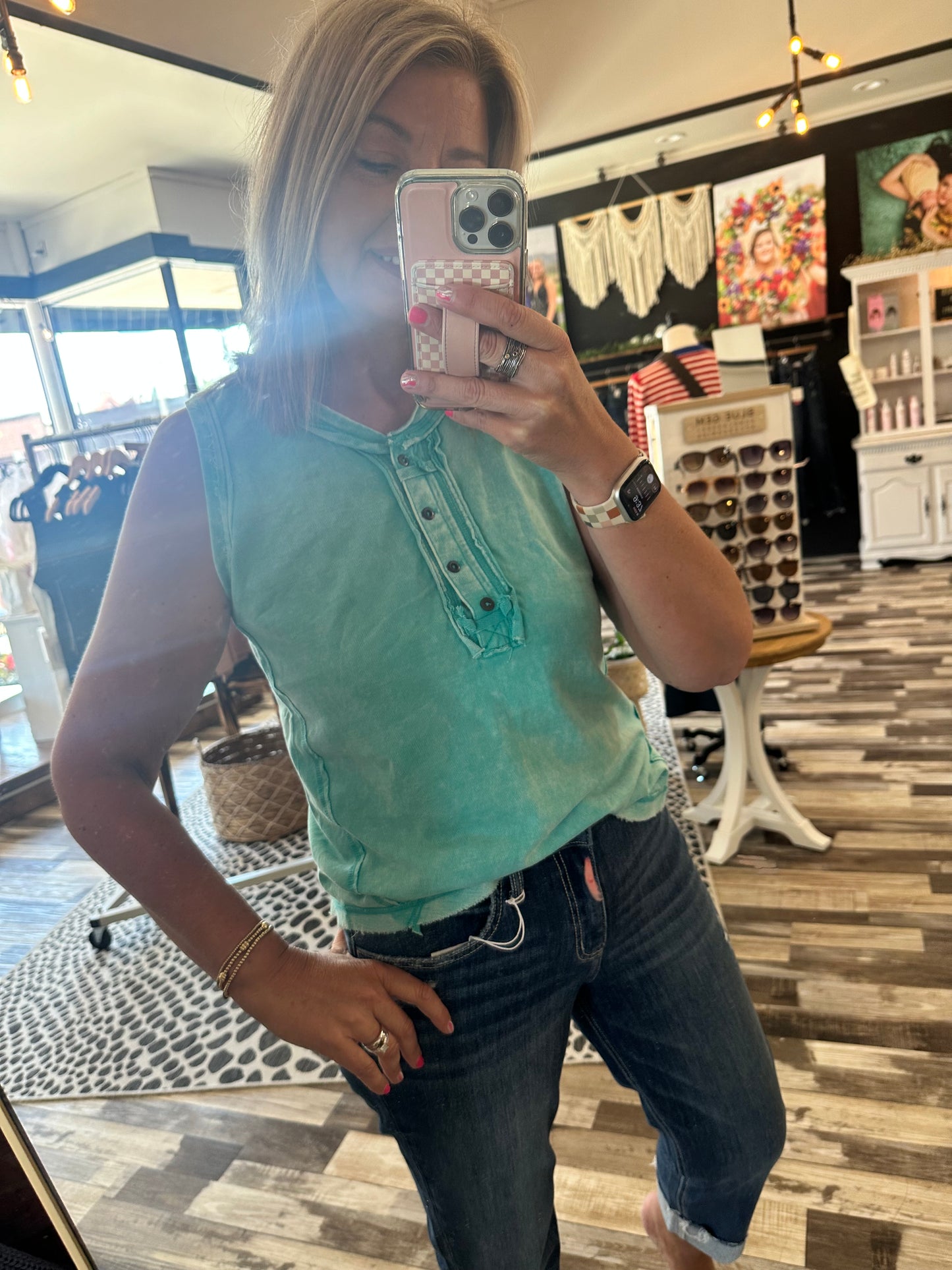 Washed Half-Button Raw Edge Sleeveless Henley Top