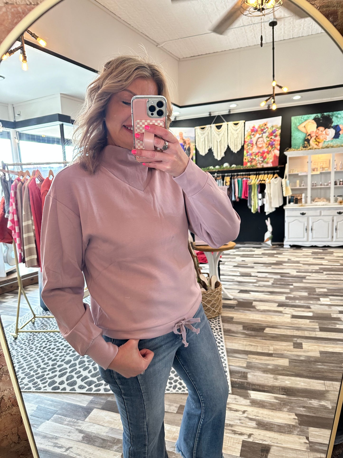 Drawstring Waist Mock Neck Top