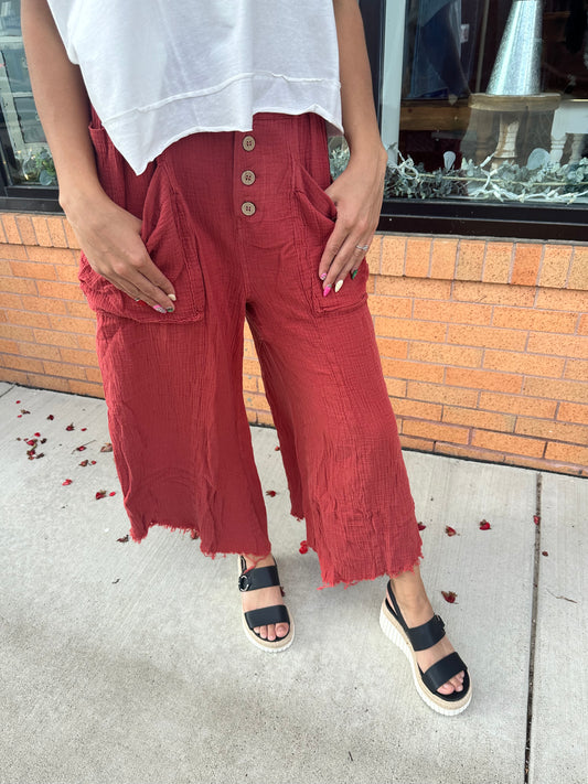 The Tara Mineral Washed Fray Hem Linen Cotton Wide Pants