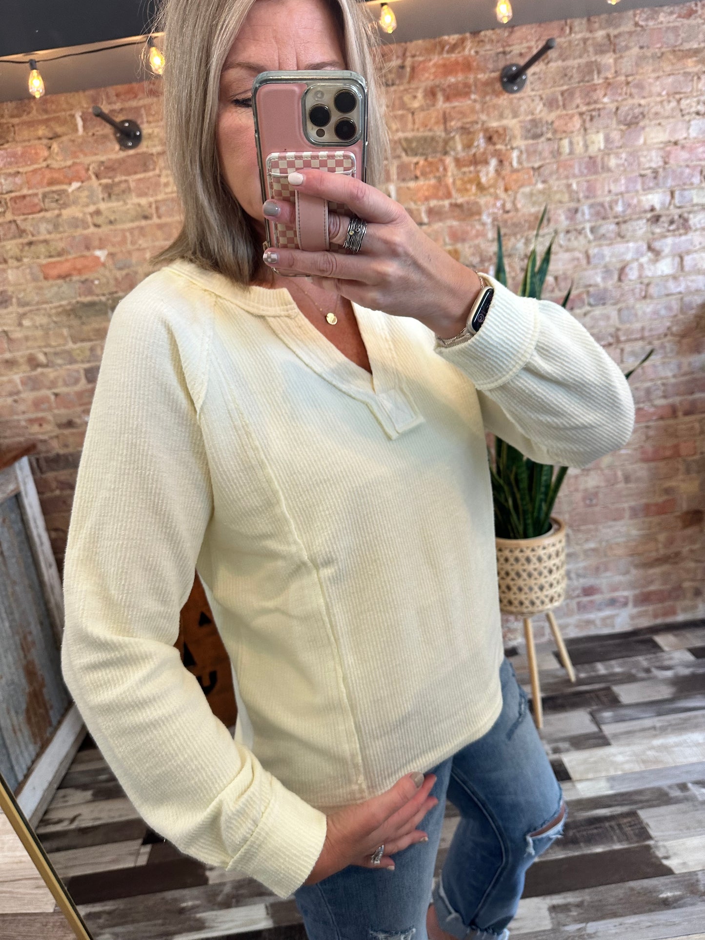 The Ellie Washed Ribbed Split Neck Long Sleeve Knit Top