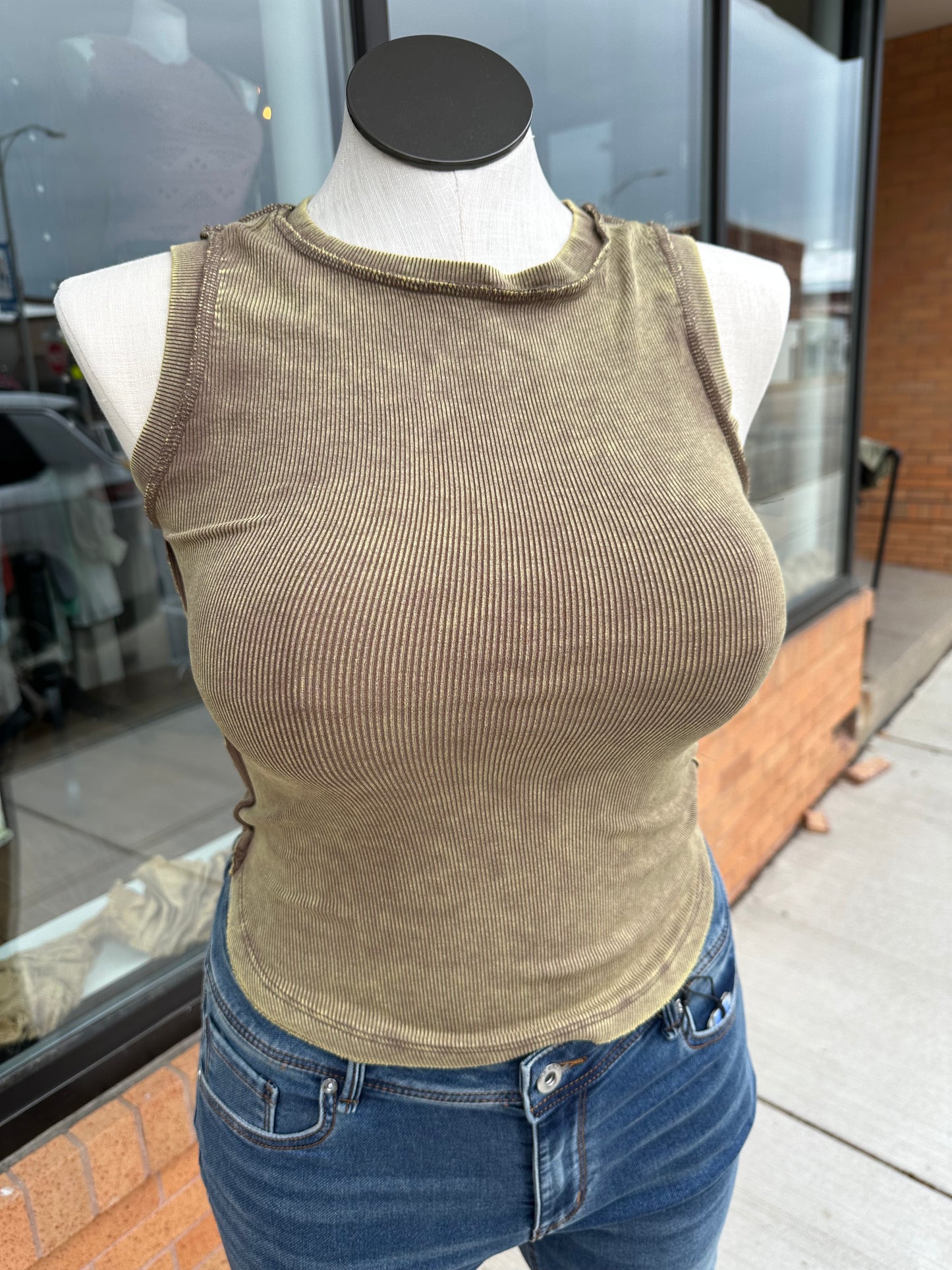 Washed Rib Tank with Exposed Seam - Mocha