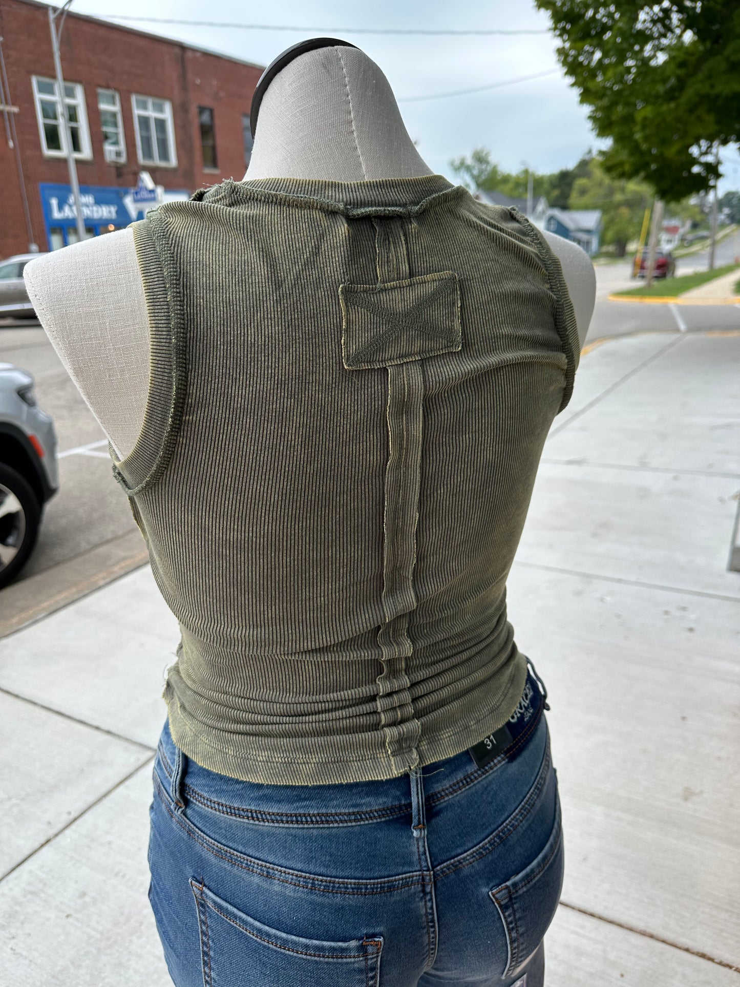 Washed Rib Tank with Exposed Seam - Light Olive