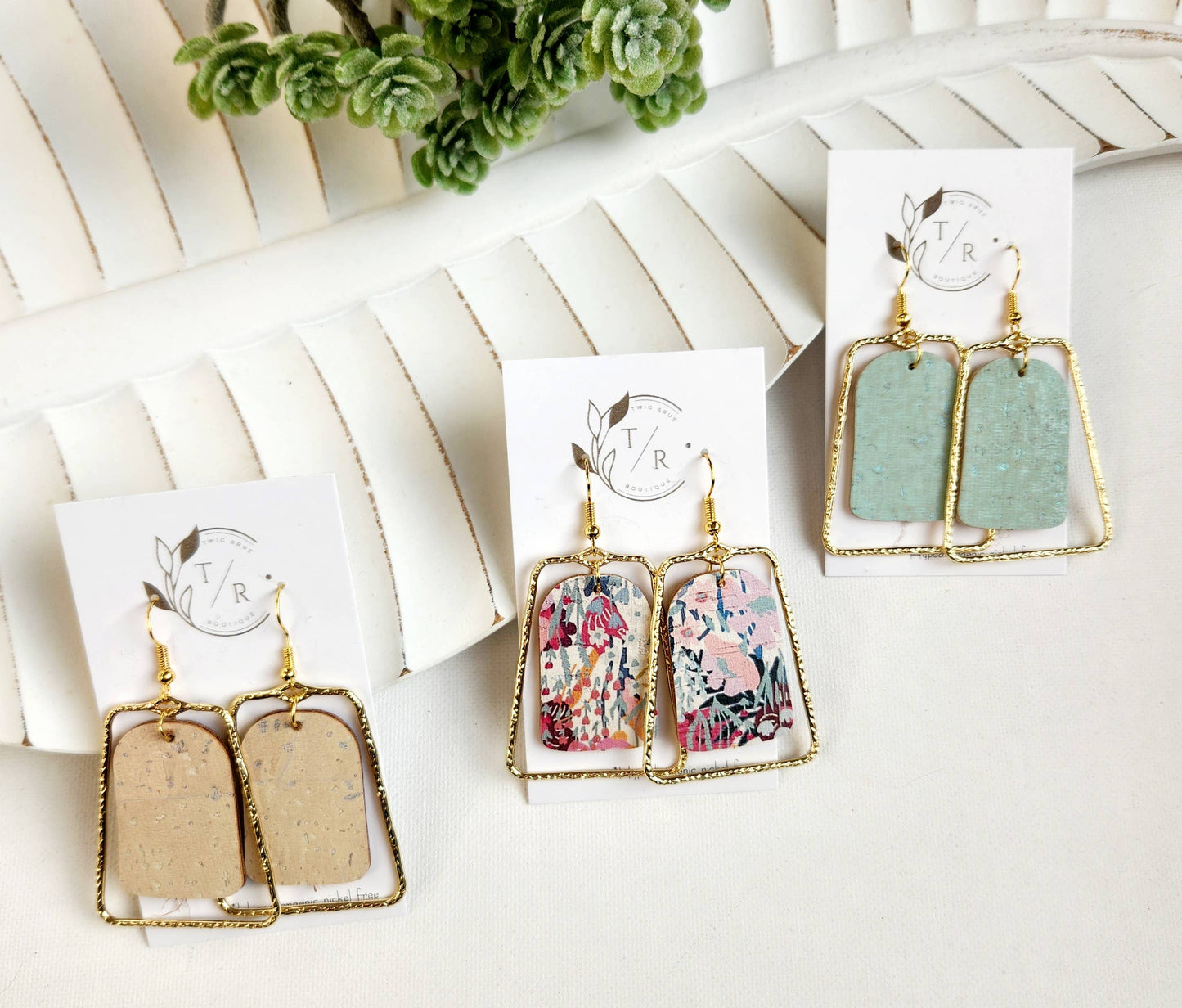 Twig & Rue - Chloe| Spring collection, leather statement earring: Mint / Gold Plated