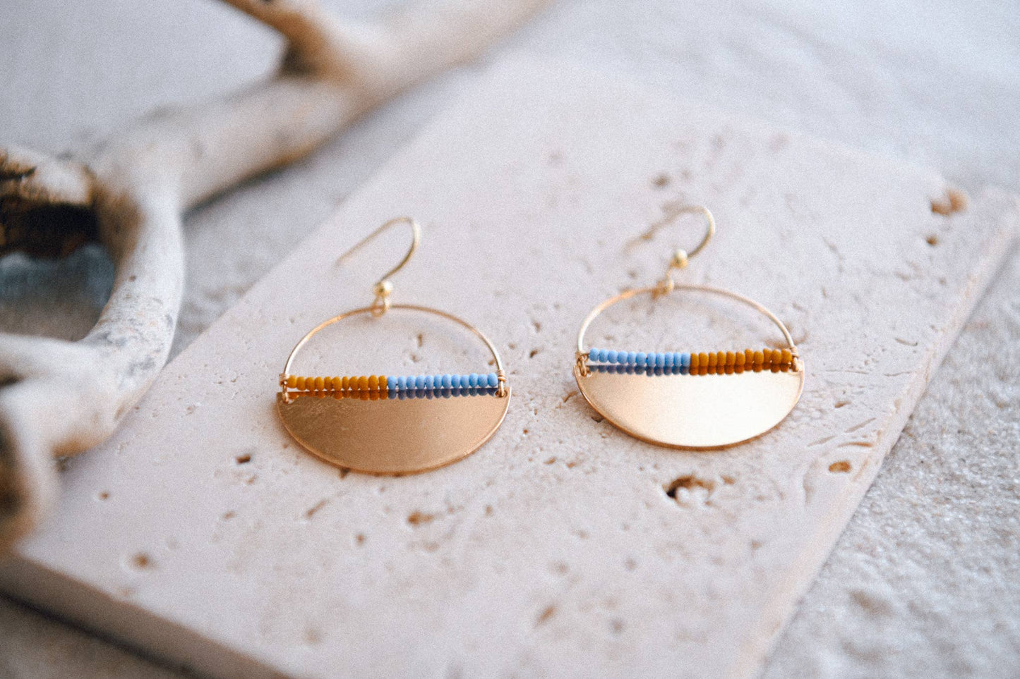 Gold Plated Half Moon & Seed Bead or Turquoise Beaded Hoops
