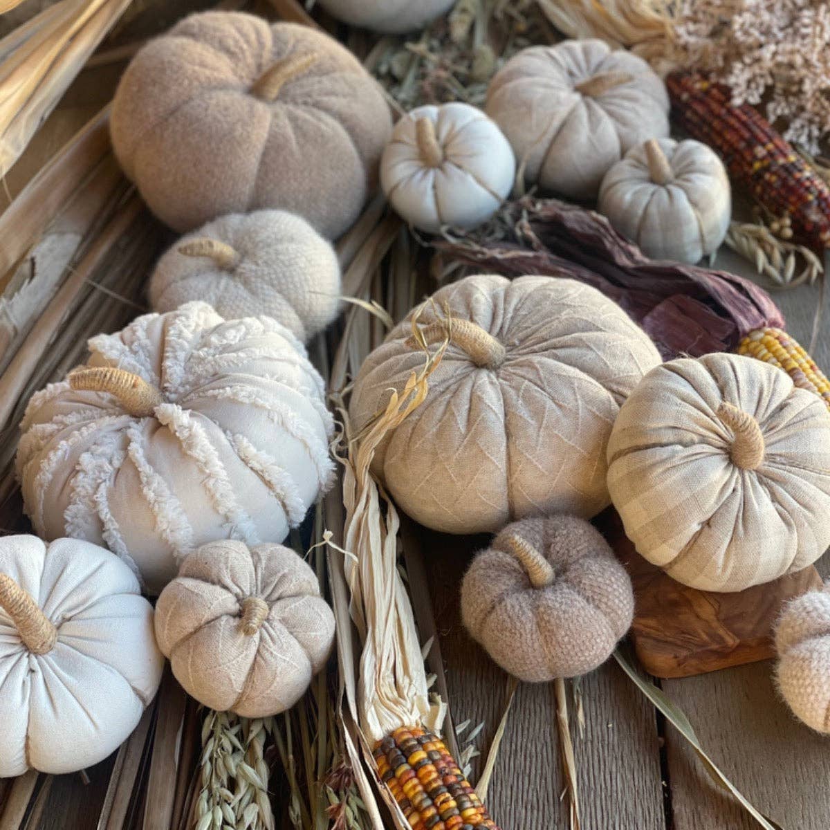 White Fuzzy Stripes Fall Fabric Pumpkin