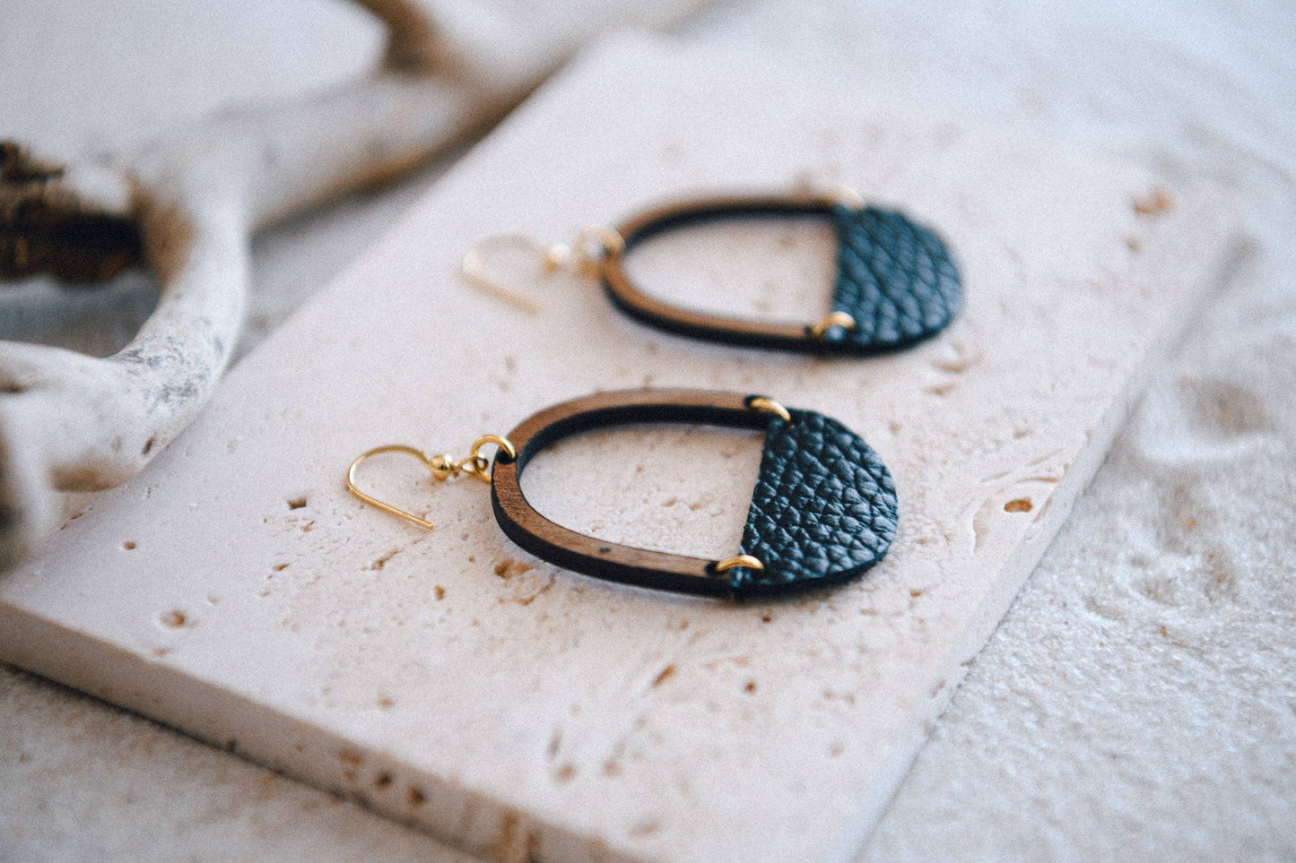 Half Moon Wood and Leather Earrings