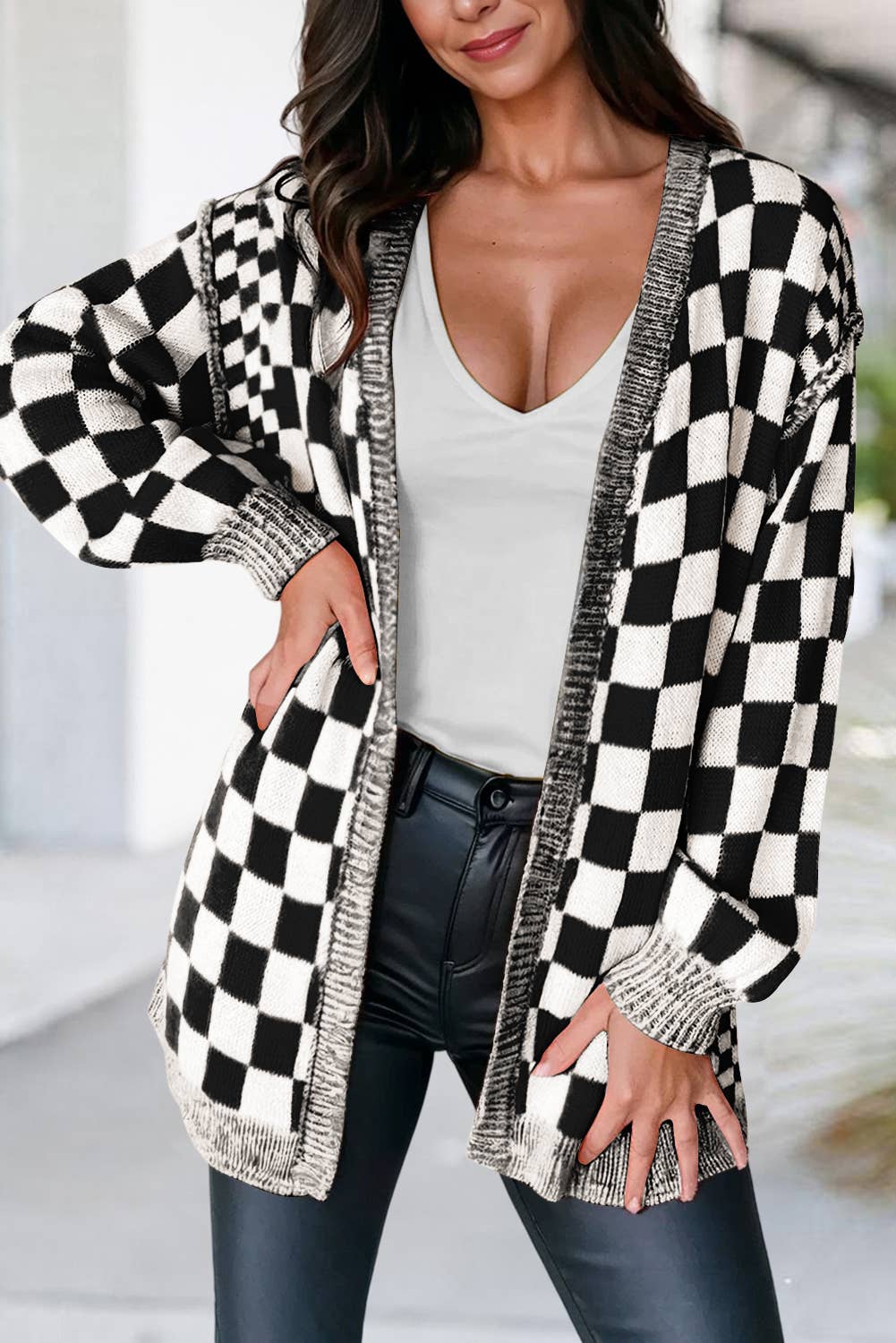 Checkered Pattern Open Front Drop Shoulder Cardigan
