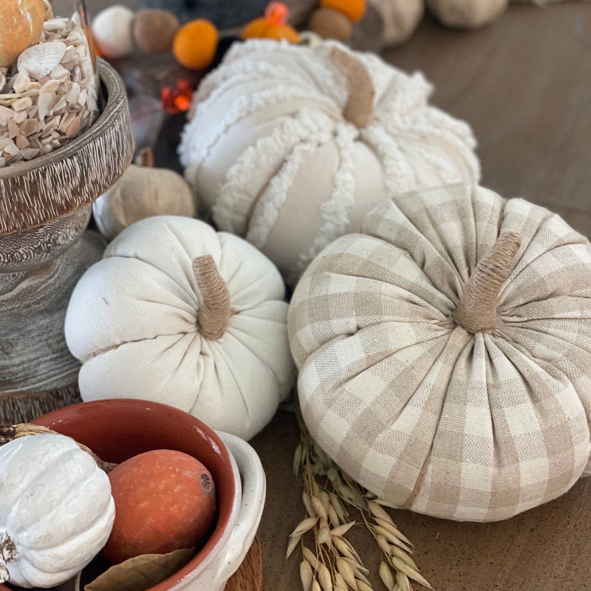 White Fuzzy Stripes Fall Fabric Pumpkin