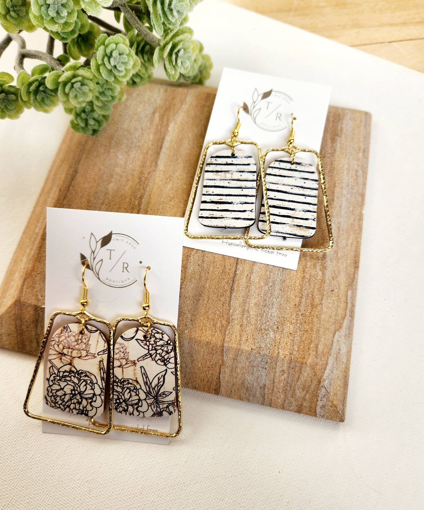 Twig & Rue - Chloe| Black & White collection, leather and gold statement: Peony floral / Gold Plated