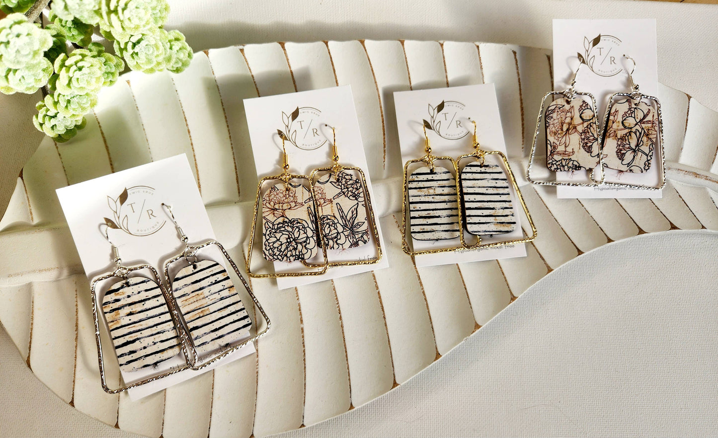 Twig & Rue - Chloe| Black & White collection, leather and gold statement: Peony floral / Gold Plated