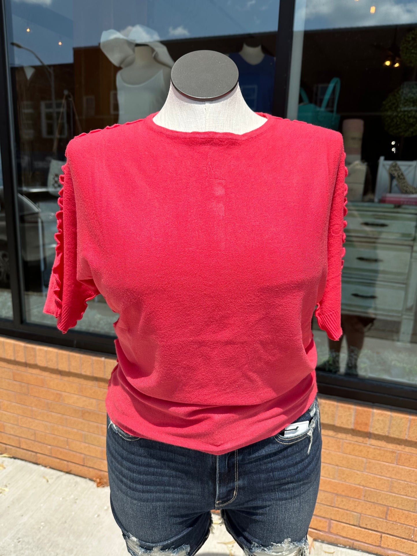 Ruffled Short Sleeve Dolman with Button Back