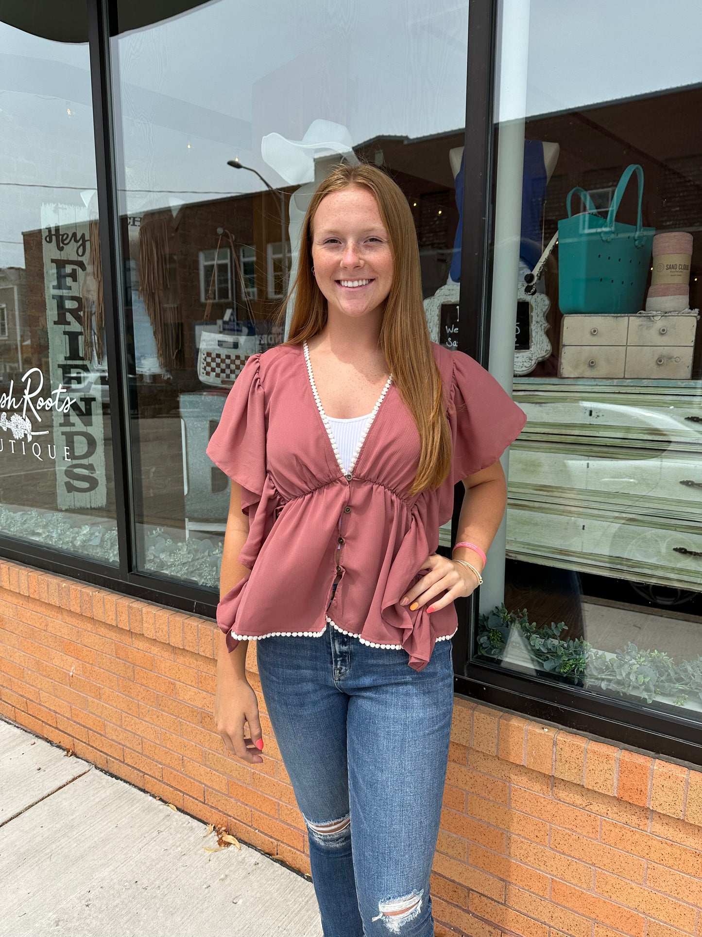 V Neck Butterfly Sleeve Top