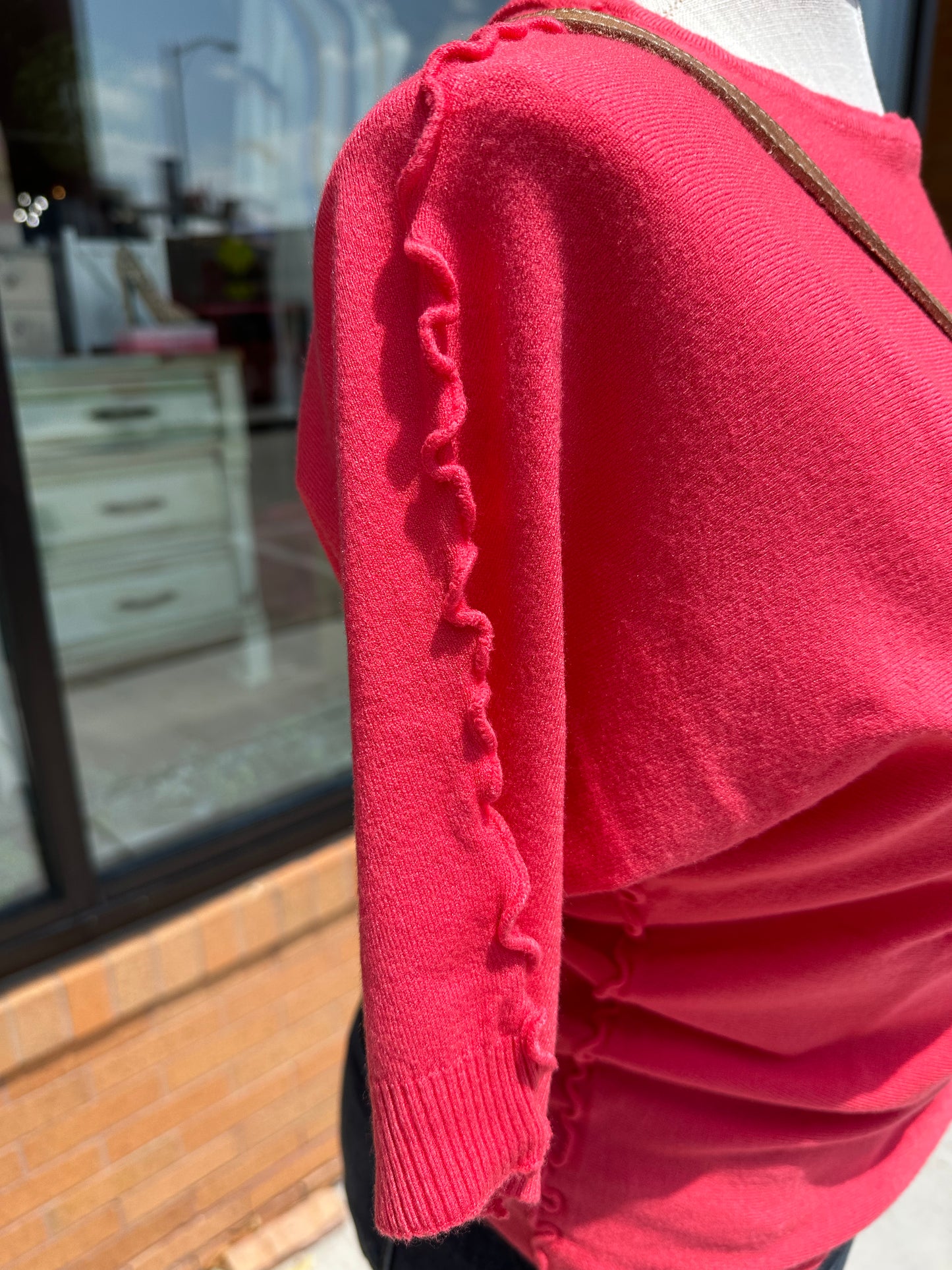 Ruffled Short Sleeve Dolman with Button Back