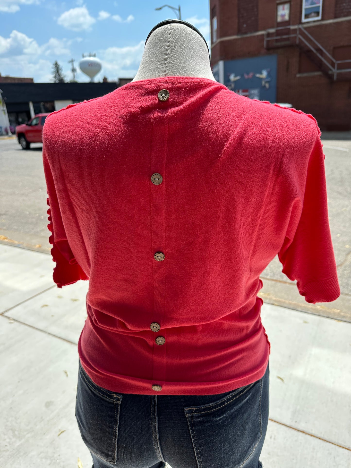Ruffled Short Sleeve Dolman with Button Back