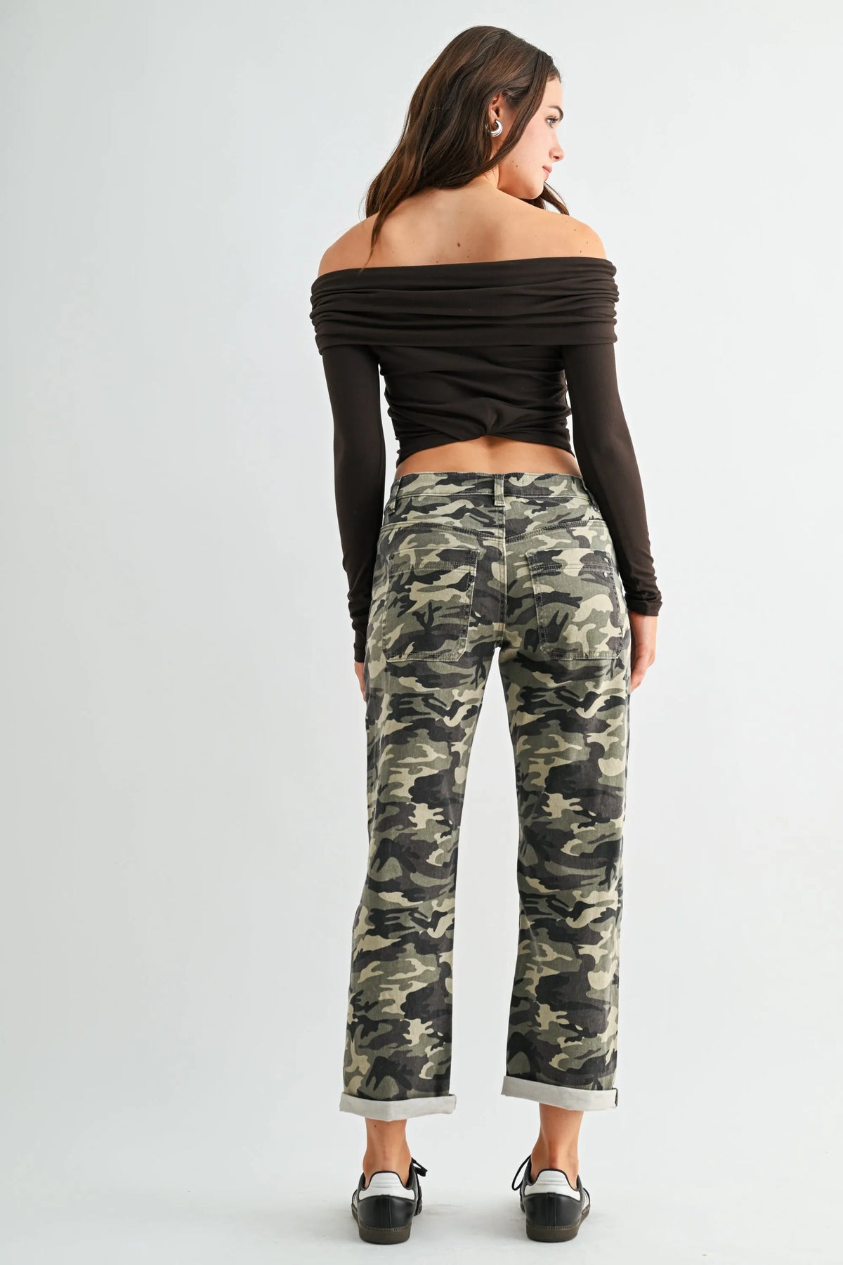 The Aspen Mid Rise Boyfriend Camo Crop from Mica