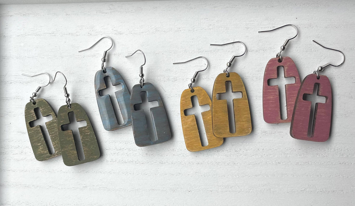 Lightweight wood earrings * Cross cutout - Denim