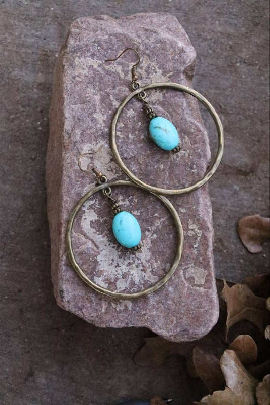 Turquoise Haven - ANTIQUE GOLD HOOPS W CENTER TURQ DROP EARRING
