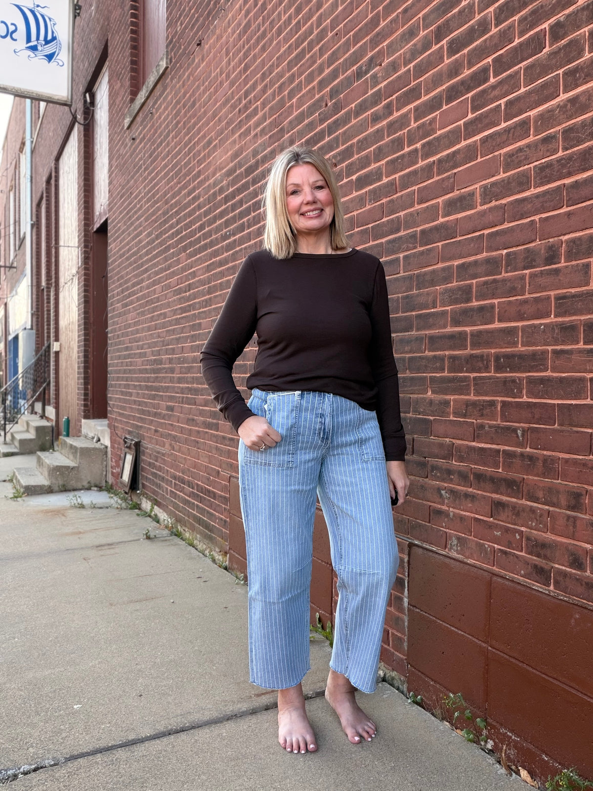 The Vintage Soul Striped High Rise Raw Hem Barrel Jeans by Vervet