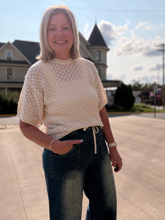 Open Pointelle Knit Short Sleeve Tunic Top