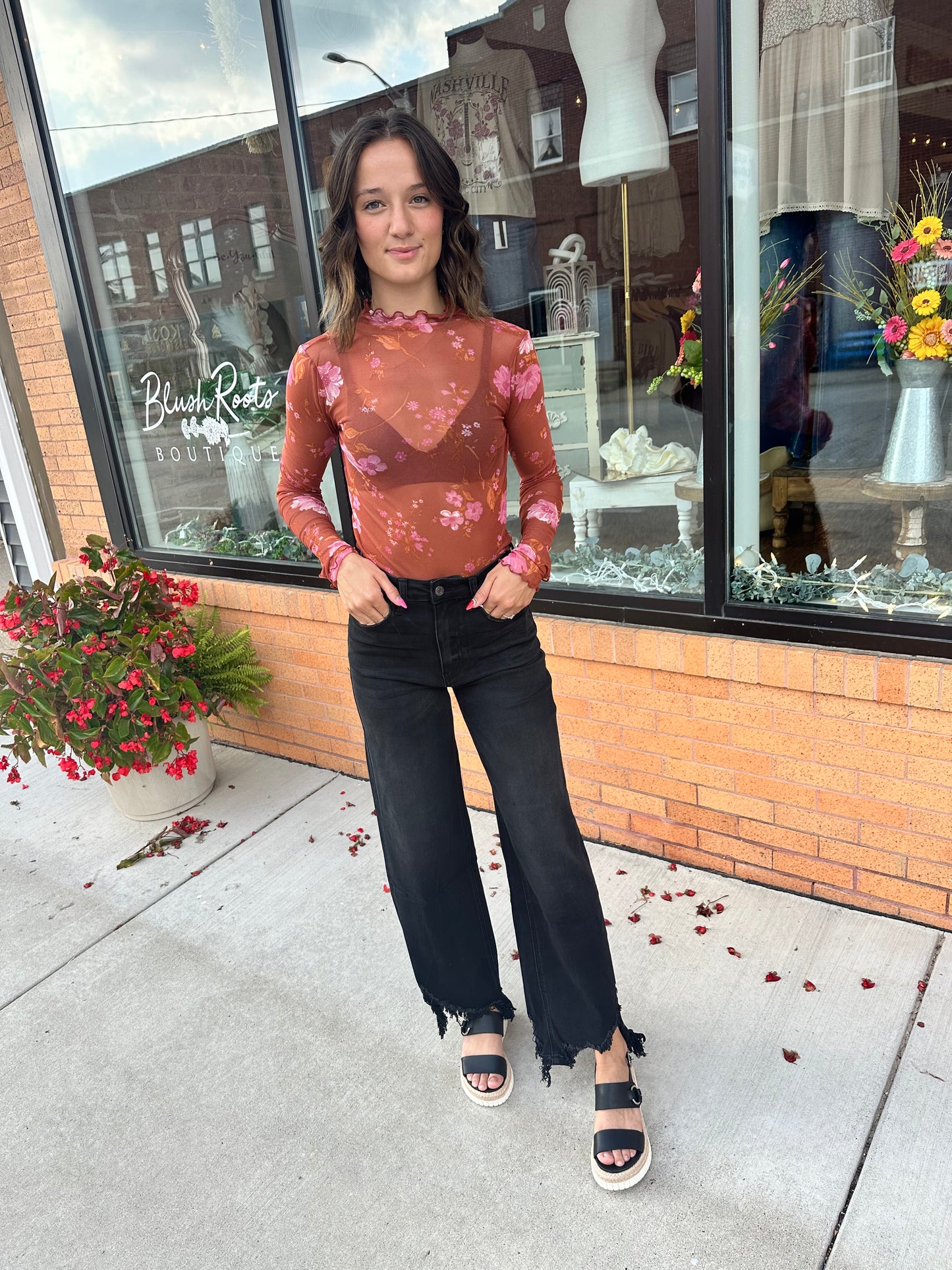 The Zandrea Floral Mesh Print Cabbage Hem Long Sleeve Top
