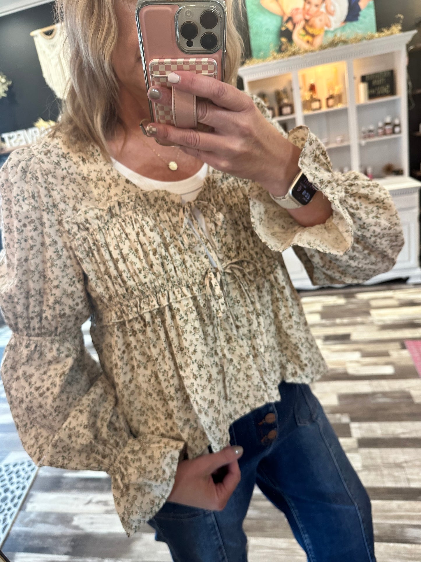 Ditsy Print Front Tie Ruching Detail Blouse