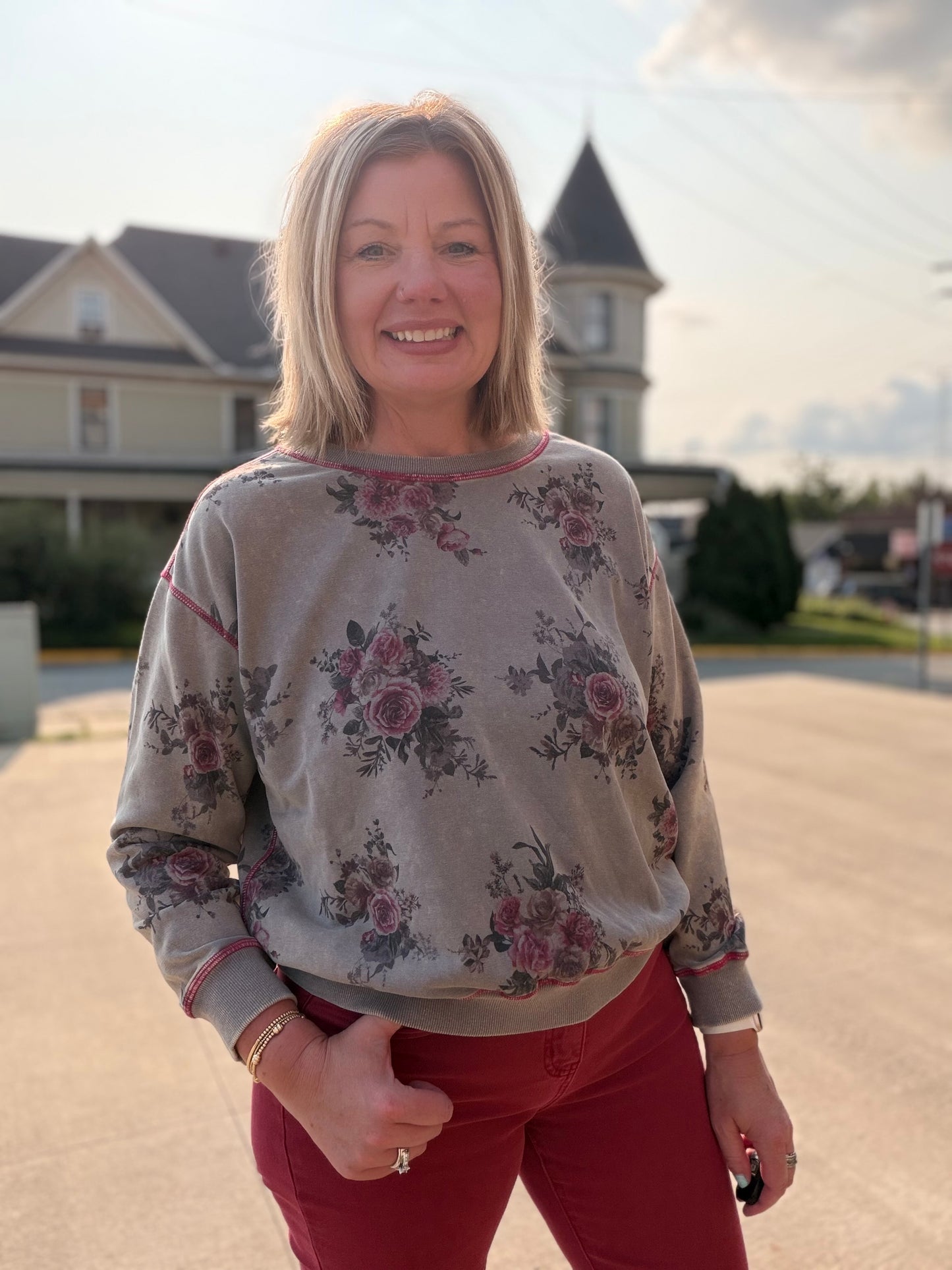 Washed Floral Print Crewneck Sweatshirt