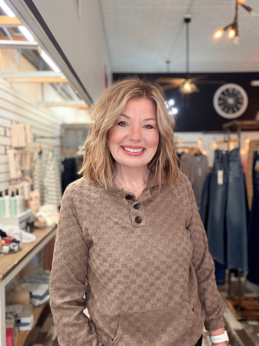 Soft Checkered Textured Button Front Hoodie