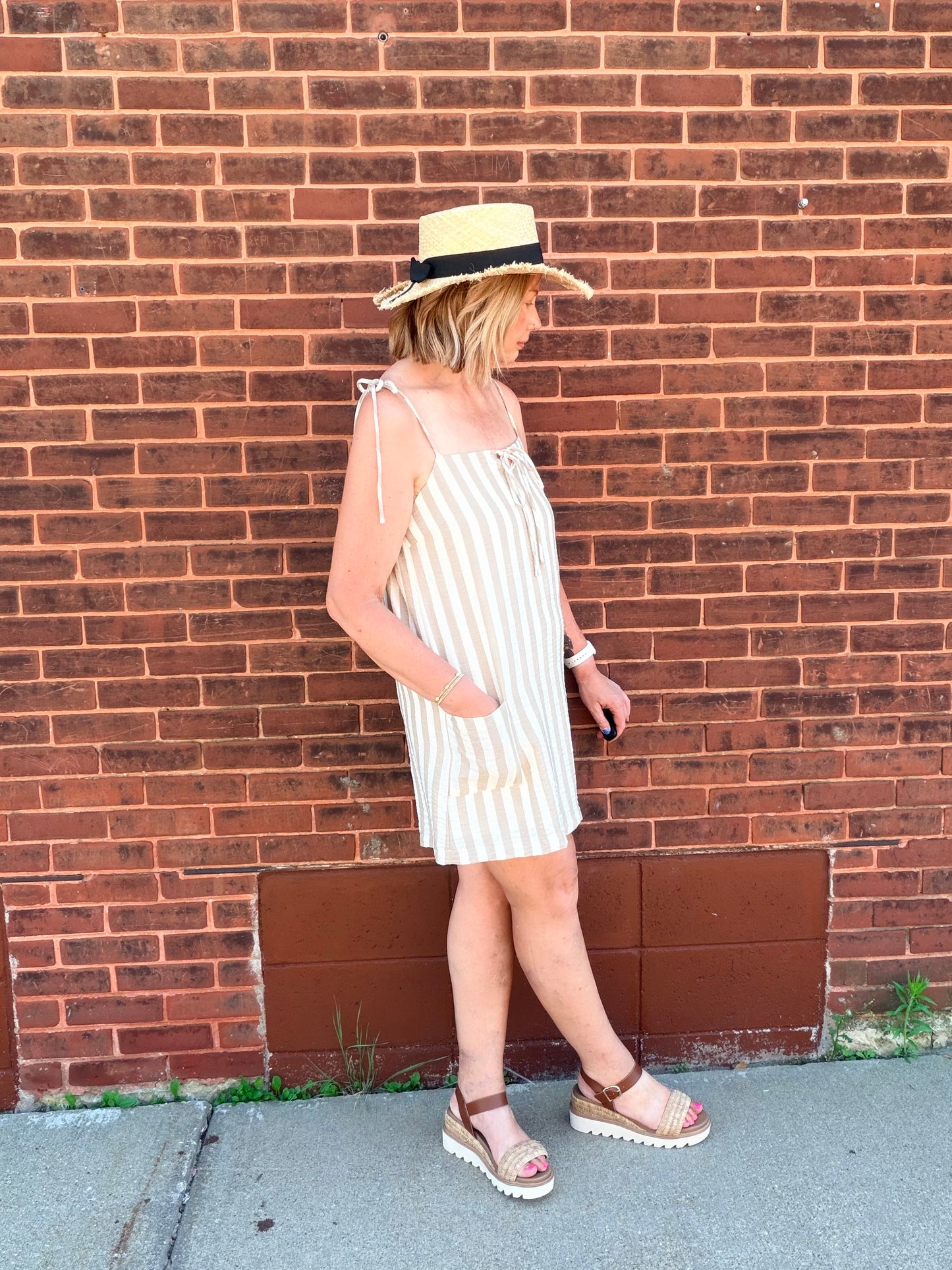 Easy To Look Good Stripe Gauze Tie Shoulder Dress