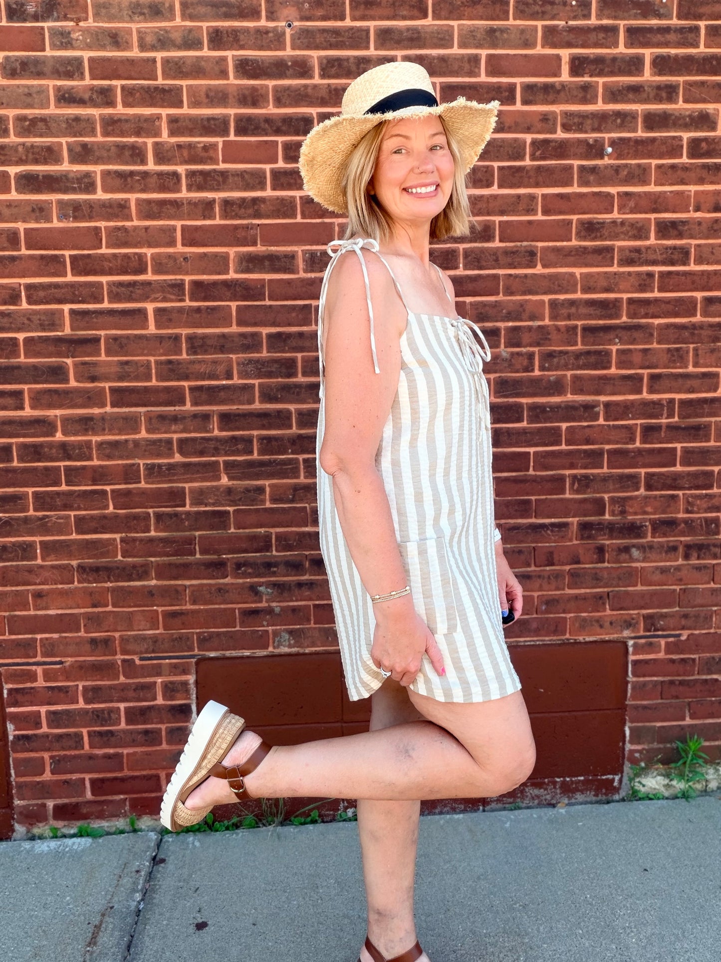 Easy To Look Good Stripe Gauze Tie Shoulder Dress