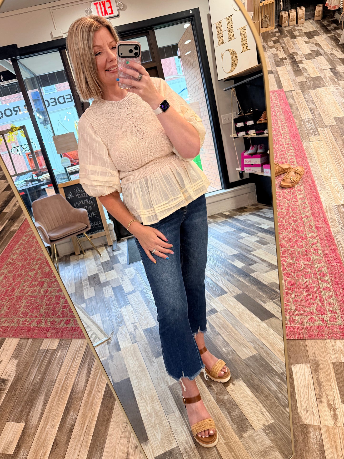 The Addi Peplum Top with Round Neck with Sheer Puff Sleeves