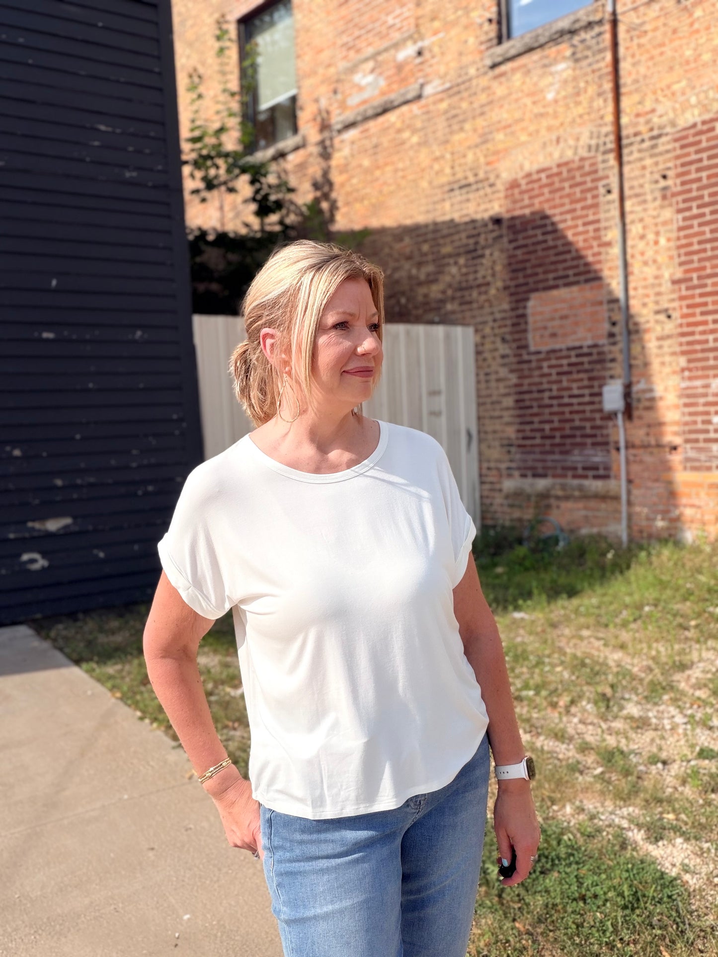 The Layla Solid Crew Rolled Sleeve Top