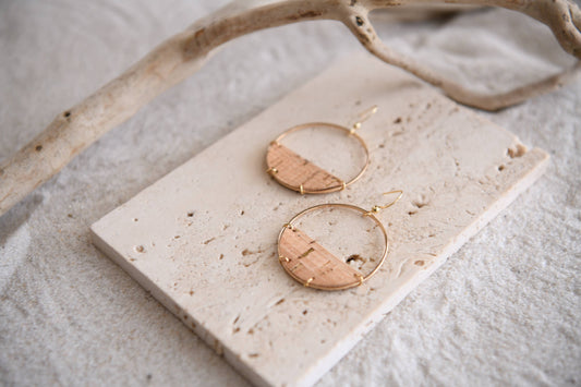 Gold Plated Hoop and Cork Half Moon Earrings