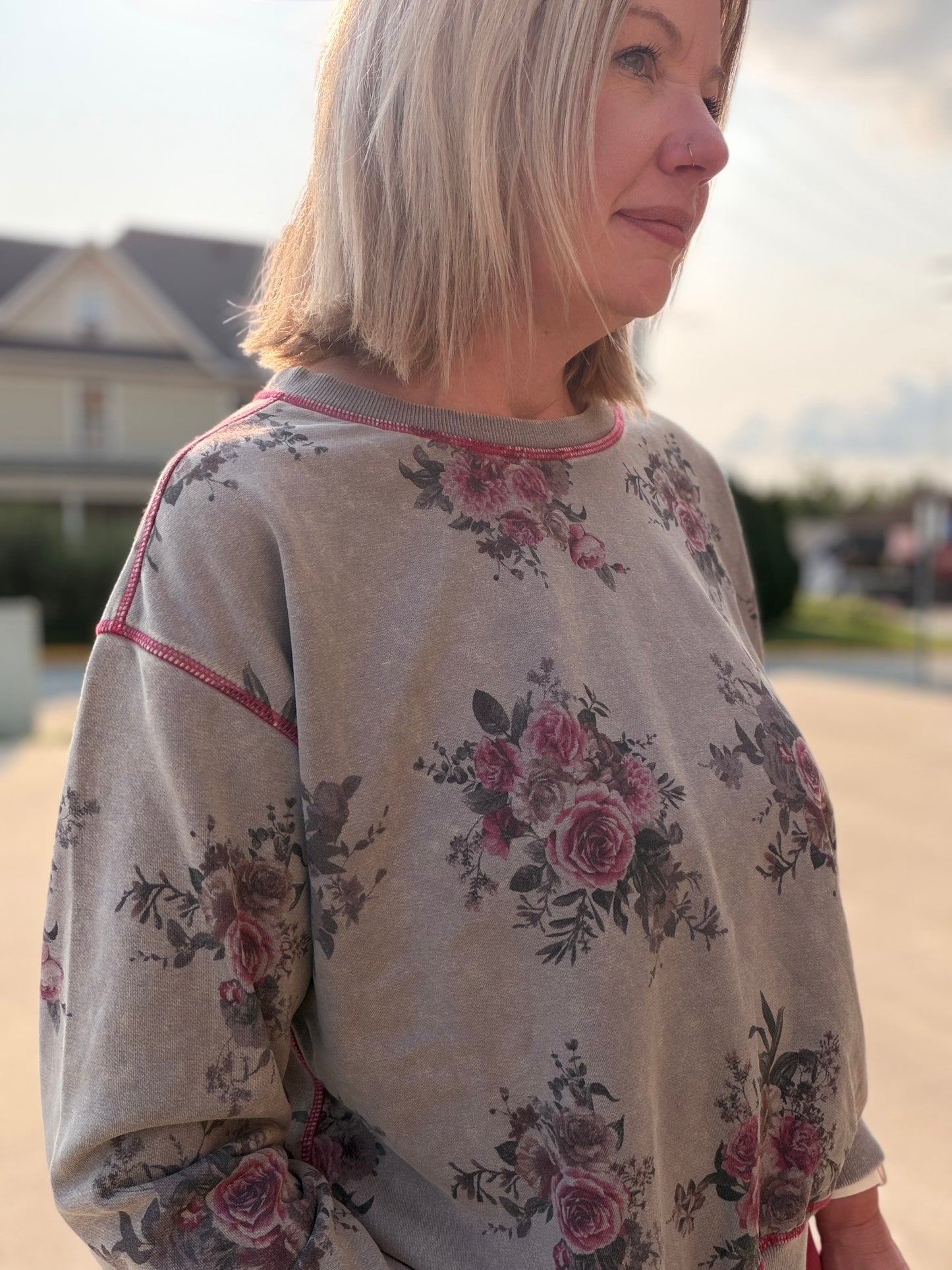 Washed Floral Print Crewneck Sweatshirt