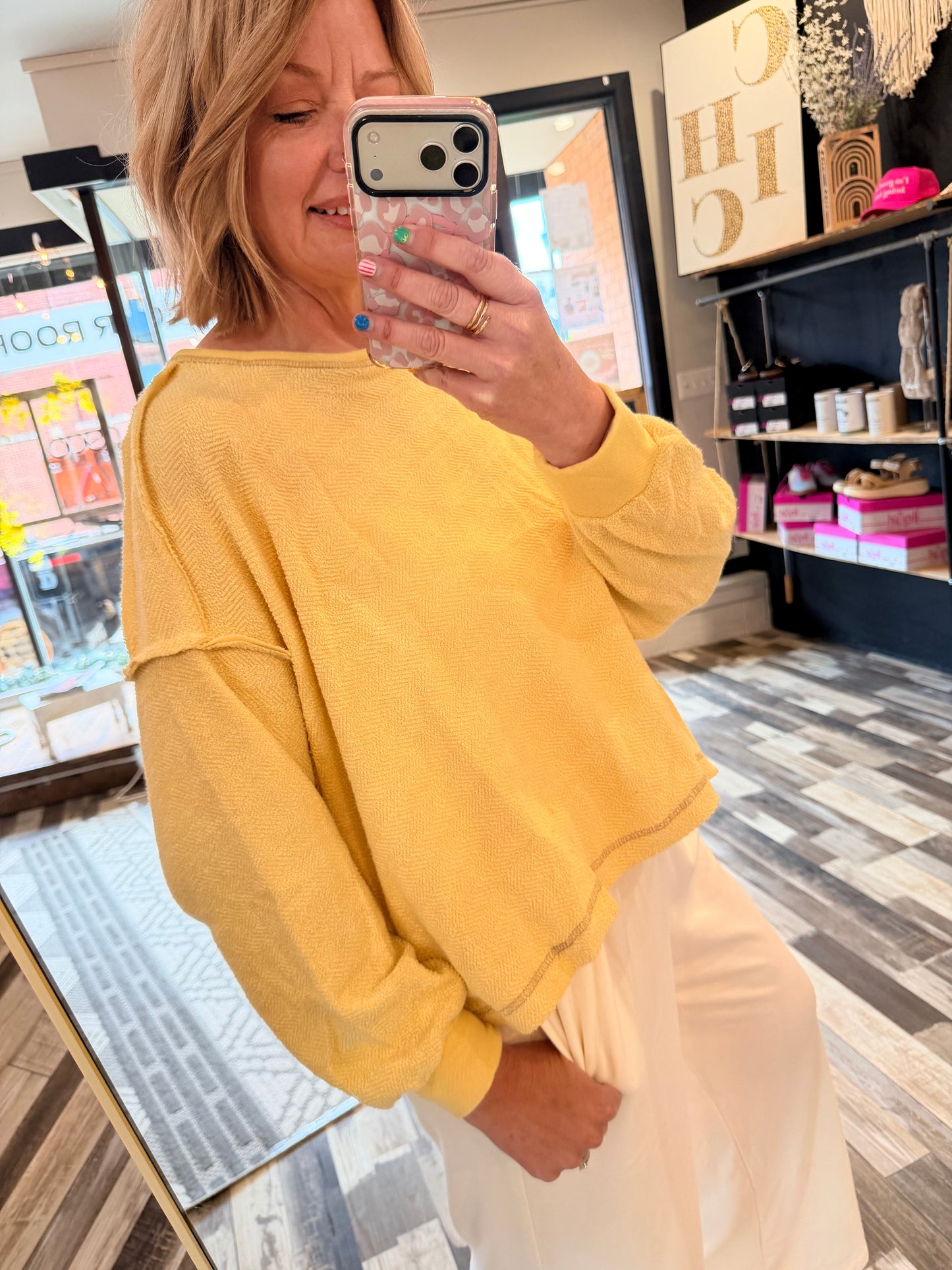 Sunshine in My Day Overlap Open Back Oversize Fit Reverse Stitched Top