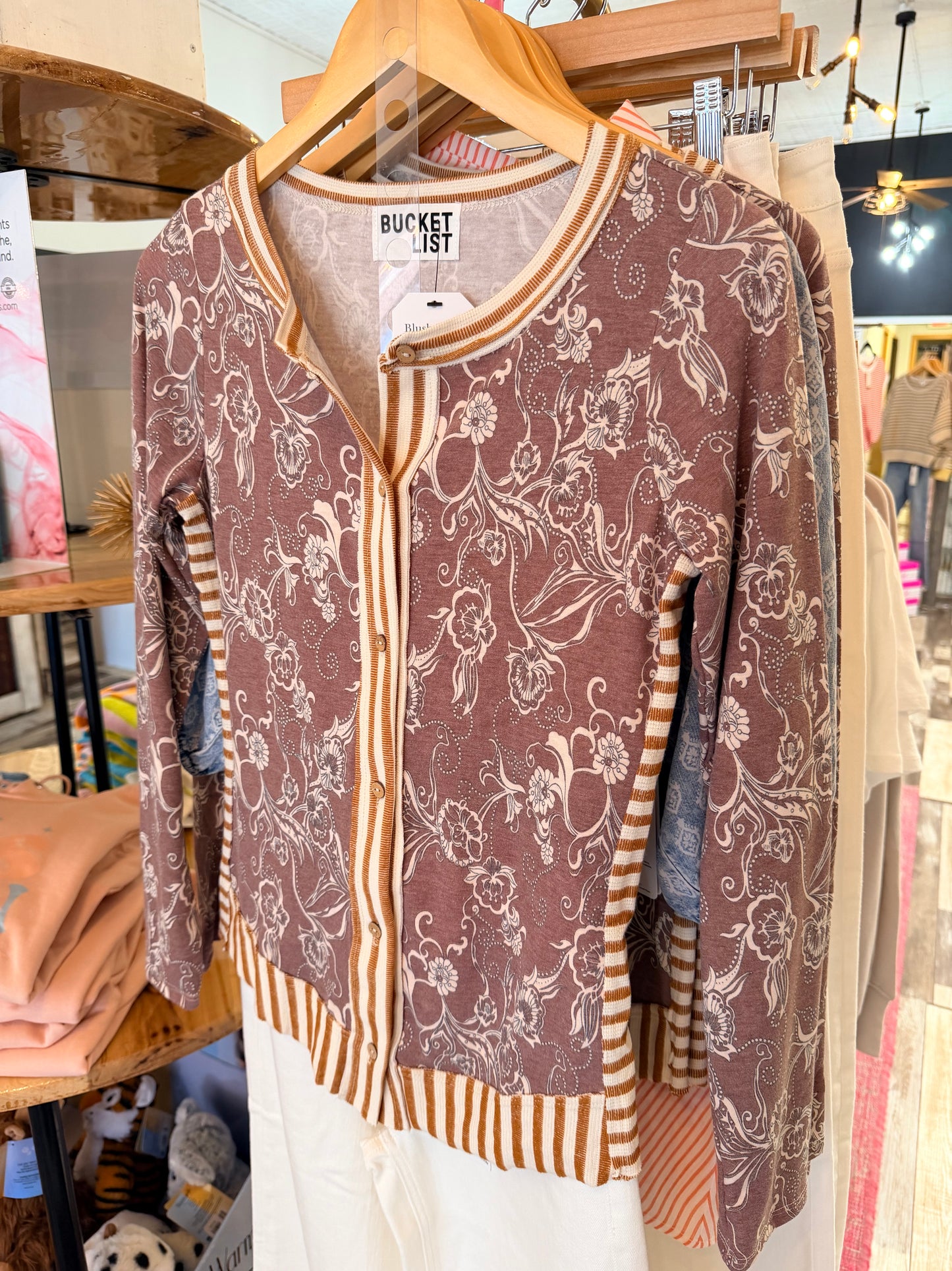 Stripe Contrast Floral Print Button Down Top